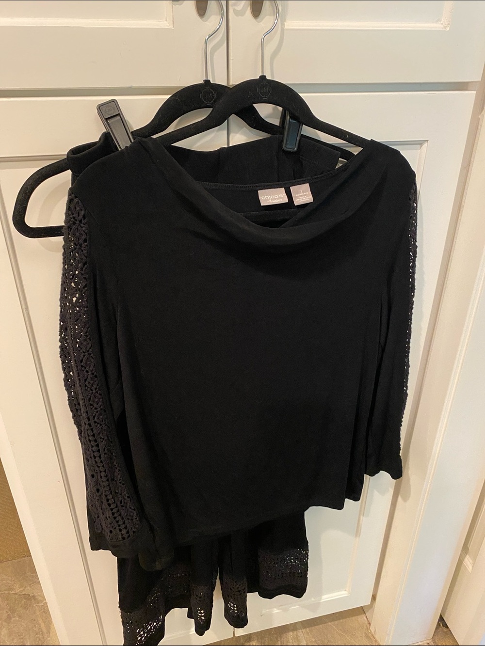 Chico's Black Crochet Sleeve Top and matching pants with crochet details size 8